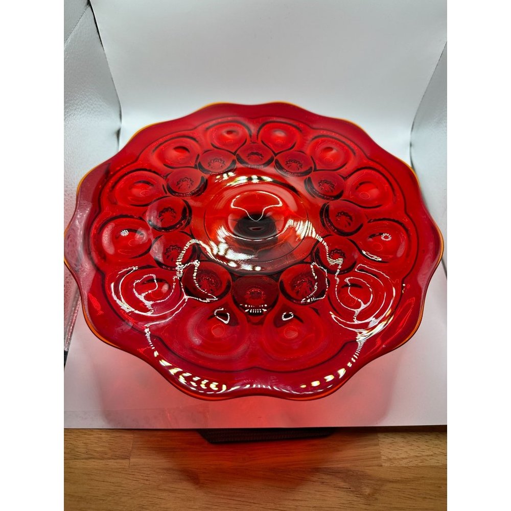 Vintage LE Smith Moon And Stars Amberina Pedestal Cake Plate Cadmium Glow